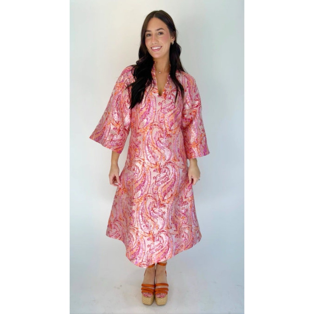 Solelia Cleo Golden Flame Metallic Paisley Brocade Dress XS Boho Luxe‎ NWT